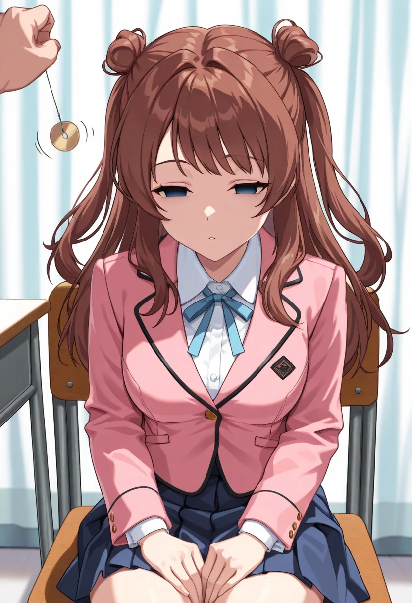 (masterpiece, ultra high definition, 16k, RAW photo, intricate), sharp focus, crisp details, 1girl , (sakihanami), (One Pendulum , Pendulum before her face:1.5), Swinging pendulum, (Another person's hand holds a pendulum), The girl stares at the pendulum, motion line, motion Effect, school chair, sitting chair, The girl is sitting quietly, Put your hands on your thighs, Infirmary, (cowboy shot), brown hair, long hair, hair bun, double bun, two side up, blue eyes, (empty eyes, half closed eyes), Sleepy eyes, medium breasts, school uniform, blazer, (pink jacket), white shirt, collared shirt, neck ribbon, blue ribbon, blue skirt, pleated skirt, (simple background), blur the background