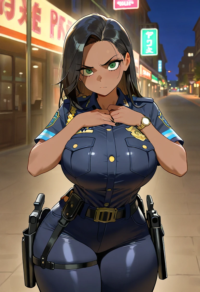 A photo of a busty female police, police hat, running towards the camera, in a slum, cleavage:1.2, unbuttoned shirt, side view, (detailed skin complexion:1.2), best quality, deep color, complex shading effect, ambient occlusion, highly detailed textures