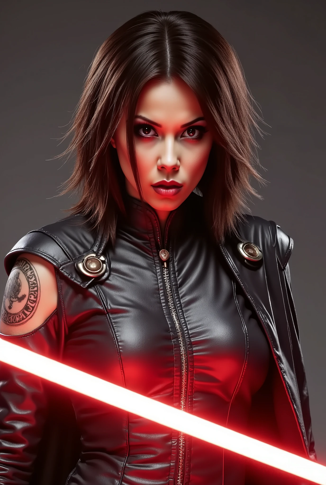full body shot, female warrior, sith lord, star wars, red lightsaber, intricate details,beautiful detailed eyes, beautiful detailed lips, extremely detailed face, long eyelashes, evil look, diabolic, dramatic lighting, dark fantasy, chiaroscuro, cinematic composition, dramatic pose, dynamic action, moody atmosphere, deep shadows, vibrant colors, photorealistic, 8k, masterpiece