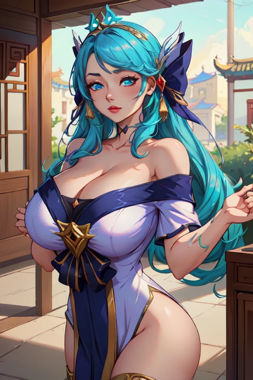 Blue haired Giantess, with curly hair, in the space sitting in a tiny planet earth, she is wearing a greco roman goddess dress color gold, big ,knight,giantess art,laima,intense size different,slu smile, large bosom,milf,monster girl,masterpiece,best quality,snake lady,white scales,red eyes,albino,GtdPlanet,GtsSpace,outerspace background,stars,