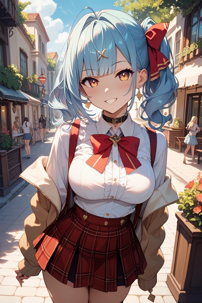 peace sign,(masterpiece, best quality), intricate details, 1girl, megumin, short hair, dress, red dress, hat, witch hat, belt indoors,ahg rolling eyes tongue((((blush)))),(cleatched teetch)