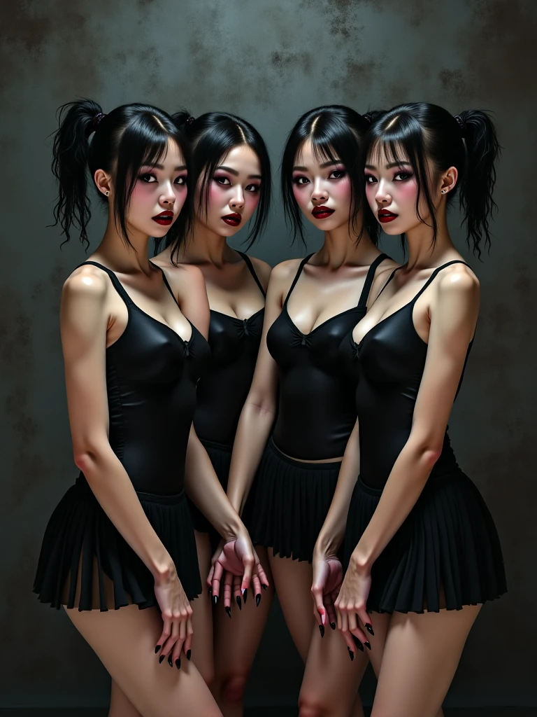 silhouette of five women standing, (Line contour), dark blue background, ((hight contrast)), front viewer, cute (( as an idol)) pose like models