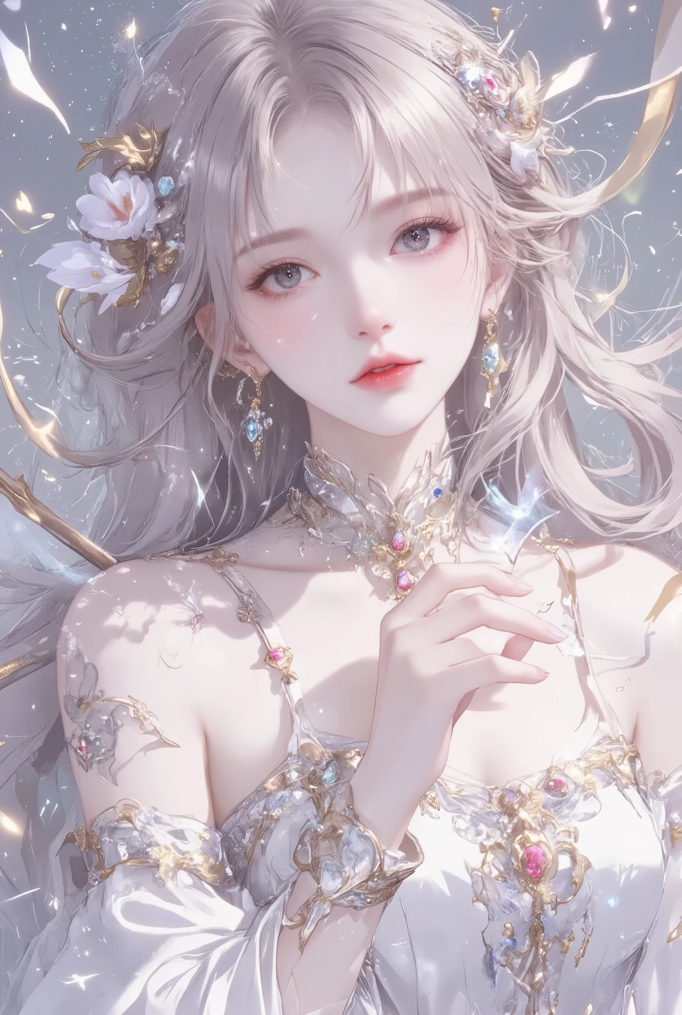asian woman, full body shot, long blonde hair, brown eyes, pale skin, red lips, sharp eyes, eyes slant upwards, 1 Cute girl, magical girl, magic wand, sparkling, mysterious, starlight, stardust, magical power, energetic, righteous, cute pose, adorable mini dress, delicate features, high definition 18K, detailed expression, masterpiece