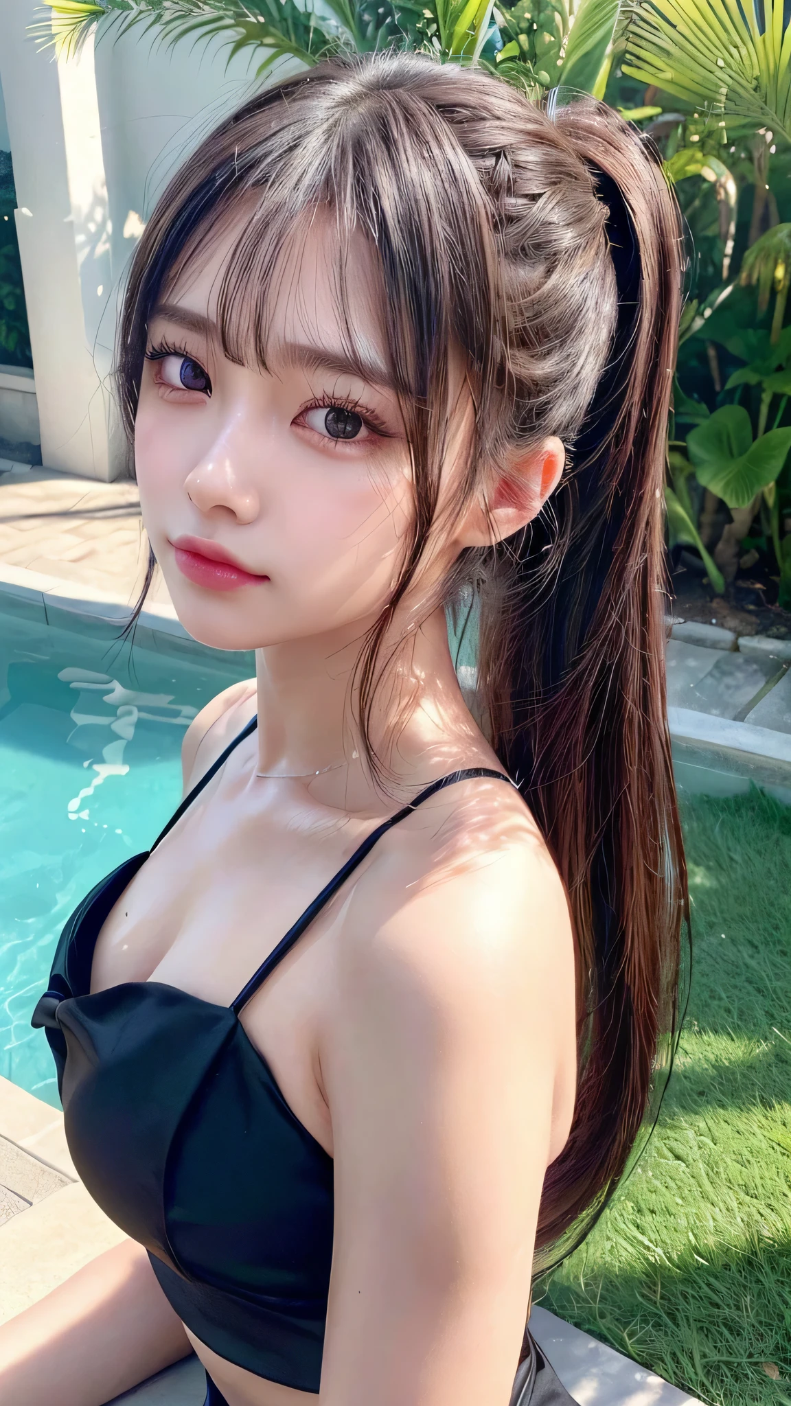 Outdoor,midnight,Very large pool,It's dark outside,Lit up with neon lights,school navy blue one-piece swimsuit,Blushing,Facing forward,Small breasts,,Long hair ponytail,((8K, Raw photo, Best Quality, Mastepiece:1.2), (Realism, Photorealistic:1.4), (Highly detailed 8k wallpaper), Depth of written boundary, Cinematic Lighting, Soft Light, Detailed Beauty Eye,Shiny and smooth light brown ponytail, Asymmetrical bangs, Shiny skin, Ultra-detailed skins ,It is high resolution., High detail, Detailed hairstyle, Detailed facial beauty, Hyper-realistic, Perfect limbs, Perfect Anatomy ,1 Japanese girl,Famous Japanese Idols, Perfect female body,A shy smile,Short eyelashes,Double-edged eyelids,Look straight here,Hair style: ponytail,