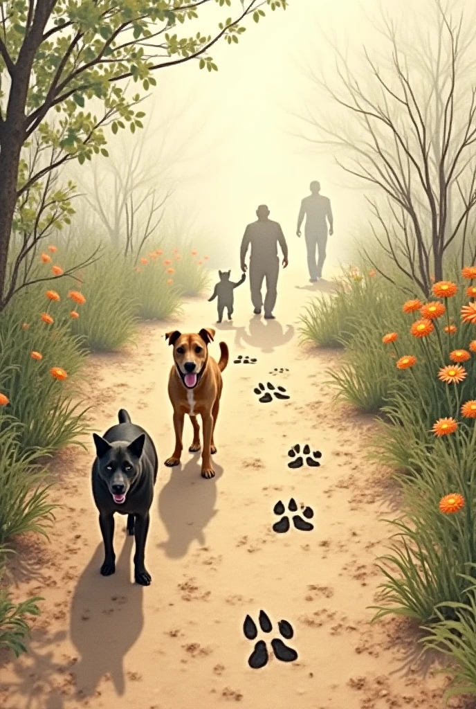 with animal tracks (cats and dogs) clear and present throughout the image. As you move to the right, , figures of people and ren are fading, , representing memories of the past that are no longer so present. Add natural elements such as flowers and branches, and soft colors to give a sense of nostalgia and past tense."