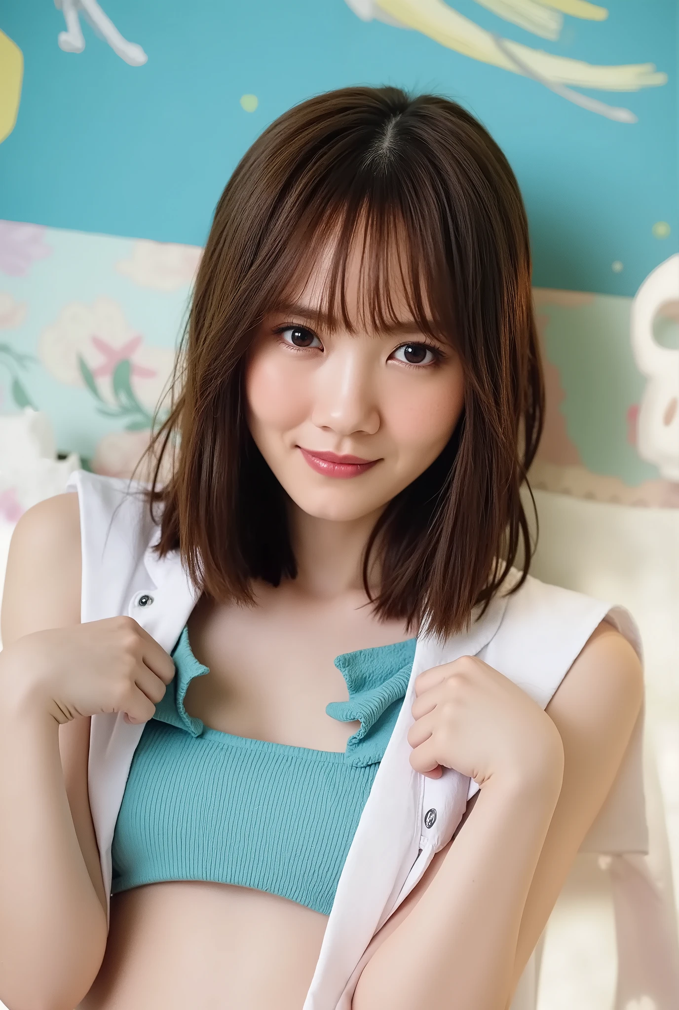 ((( sexy bikini swimsuit similar to Akimoto Yuri))), teeth, hold :1.67,