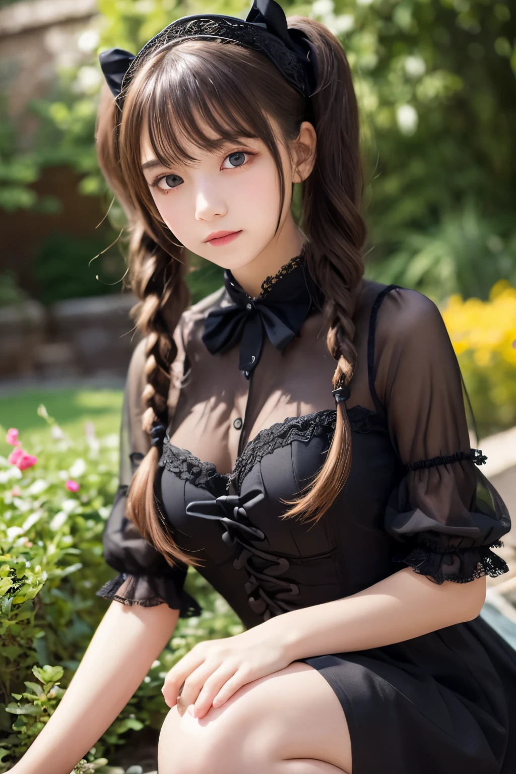 masterpiece, best quality, finely detail, hight resolution, Beautiful detailed eyes, Natural Lip, girl, an exquisitely detailed and beautiful face and eyes and skin, raw photo, young face, cute, slender body, parted bangs, high school student, garden, twintails, gothic ta black