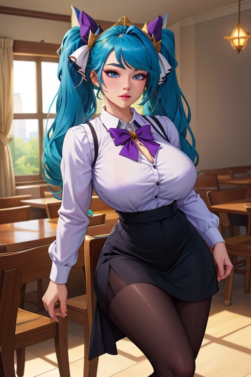 ((Full body photo)). Laura/woman with large breasts is standing, ((wearing white high school outfit with black short skirt and white pantyhose with clip on pants/extremely tight on body/extremely exhibitionist)), wearing (purple lipstick on her mouth:1.6), she is inside a classroom with (several students looking at her:1.4), she is looking at the viewer,  smiling, posing. She has (very short green hair with braids:1.3) and (blue eyes:1.3), Mortal Kombat, anime, framed, symmetry, 16k, best quality, super detail, textured skin, UHD