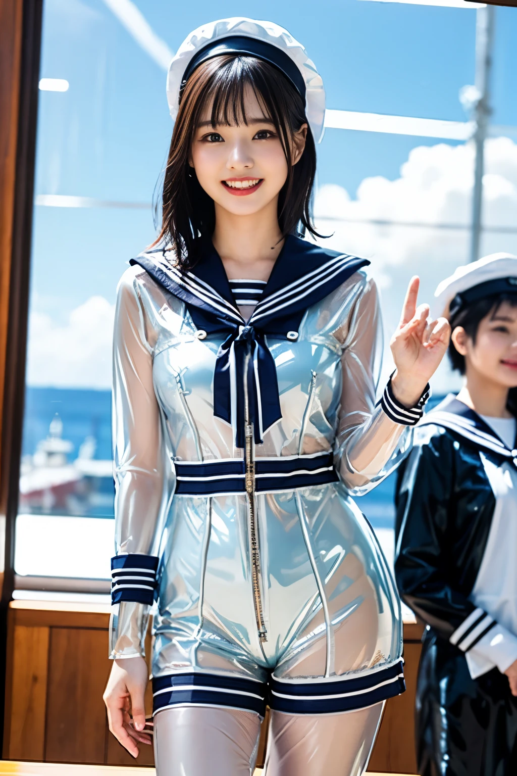 A young and beautiful woman、very beautiful、Top Idol、(Concert)、Euphoric look、smile、sweating、Dance hard、Hair is moving、((Tight transparent latex sailor suit:1.45))、(ribbon、Sailor Hat)、Spotlight、View your viewers、