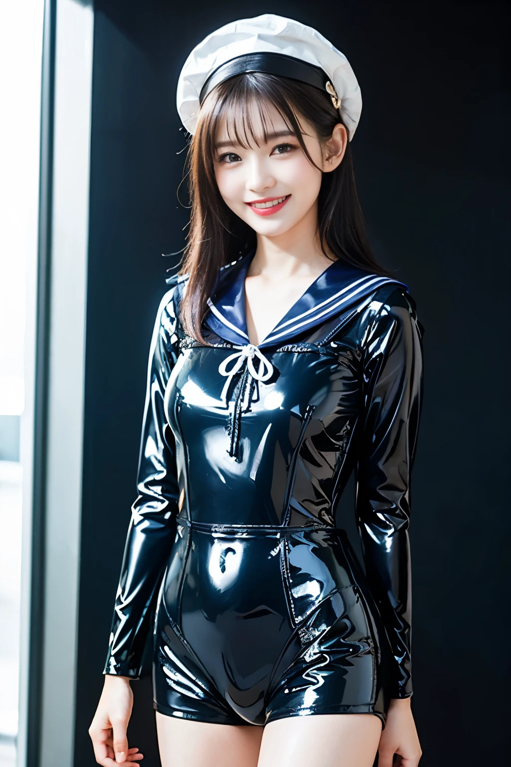 A young and beautiful woman、very beautiful、Top Idol、(Concert)、Euphoric look、smile、sweating、Dance hard、Hair is moving、((Tight transparent latex sailor suit:1.45))、(ribbon、Sailor Hat)、Spotlight、View your viewers、
