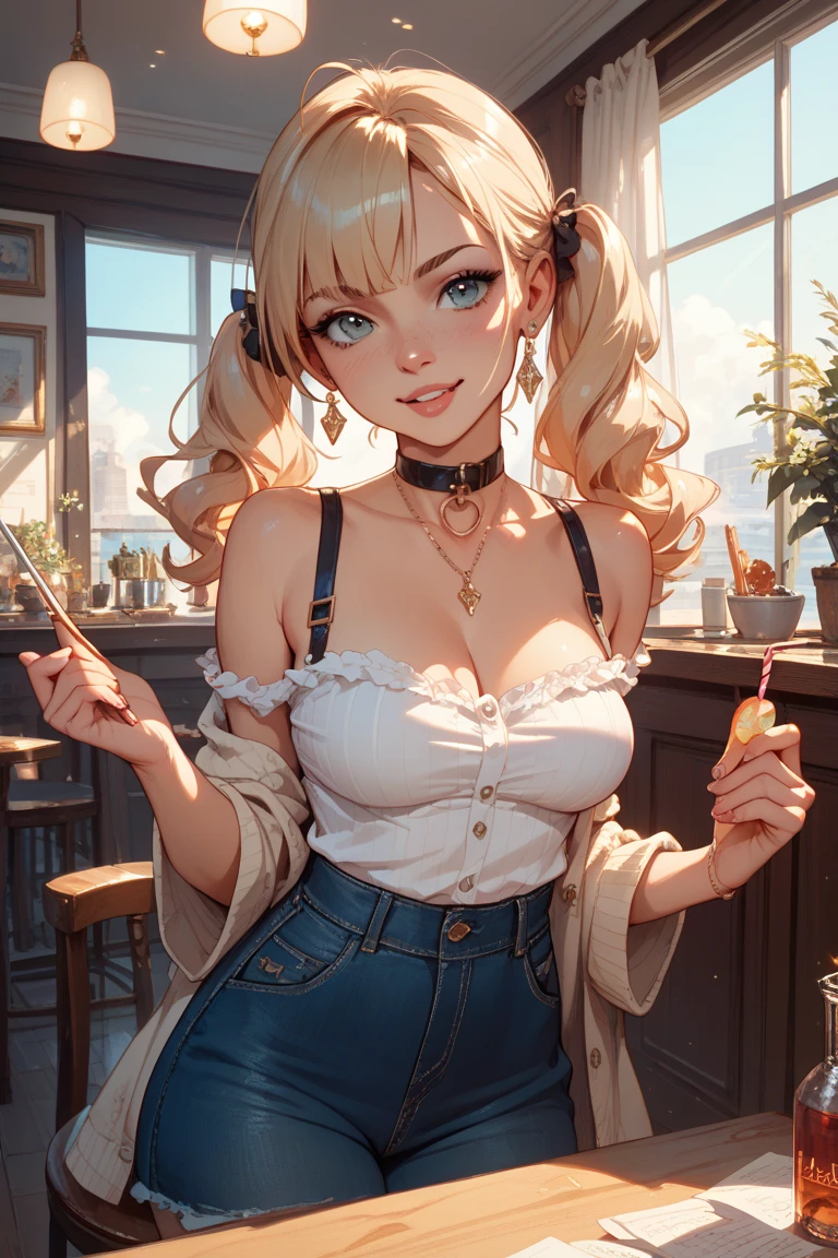 melancholy lighting, quiet, calm, brightness, masterpiece, best quality, 1girl, (JinxLol:1.2), (ultra photorealistic:1.3), (masterpiece:1.4), best quality, ((realistic)), high quality, ultra detailed, ((real image)), ((realistic skin)), ((realistic face)),(illustration:1.05), (beautiful:1.05), (beautiful detailed eyes:1.05), (cinematic light:1.1), full body, precise proportions, 18-year-old girl, skinny model, BLONDE hair fluttering in the wind,  tulle, long legs, feet slightly open, buttocks, blush, shyness, collarbone, abdominals, double weave, beautiful and delicate face, fair skin, real skin, (face detail), pores, super high resolution, 8k, parameters Best quality, masterpiece, super high resolution, (Realistic 2.0), More details, detailed skin, wide smile, white teeth, full hair CURLY BONDE voluminous, perfect and well designed eyes,  Girlfriend, Beautiful, Beautiful, Studio Lighting, sitting in a 1800's restuarant, retro bar, cocktail drink on table, busy bar