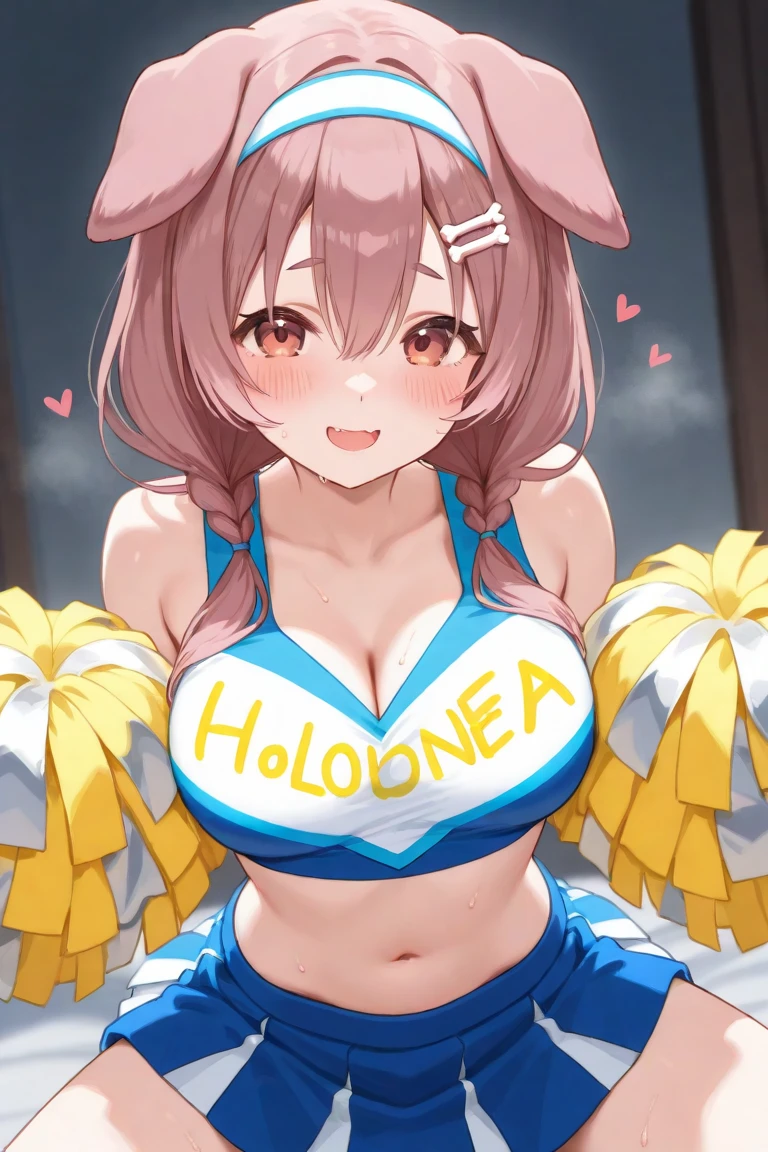 1 girl, game CG, brown sleeveless shirt, short slit skirt, neck ribbon, bangles, gigantic breasts, silver hair, short hair, french braid, yellow eyes, night, amusement park, Halloween background, smile,