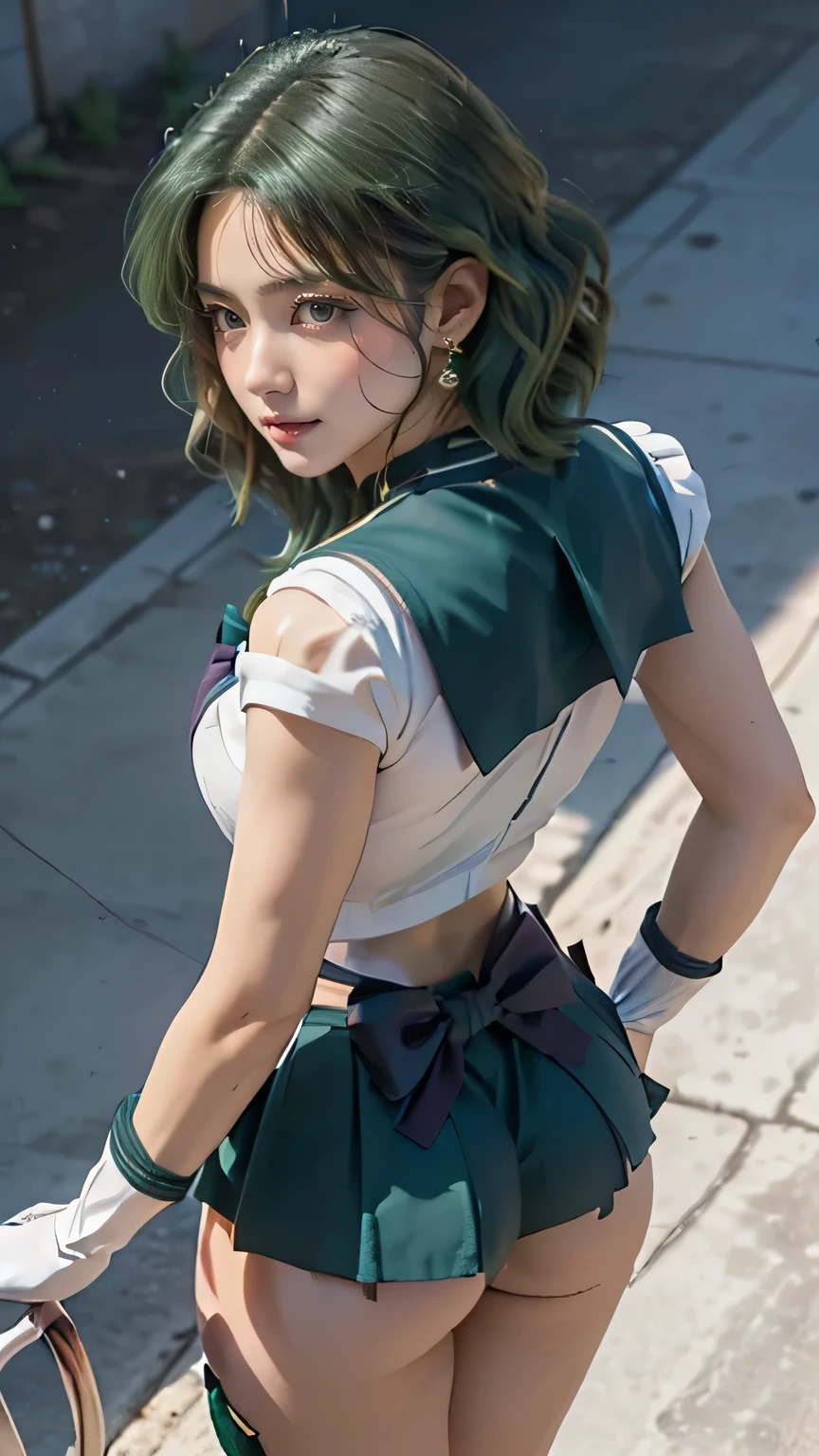back shot, Masterpiece, 4k, super detailed, close-up, 1 girl, sailor Neptune, aqua blue eyes, dark green hair, medium hair, (sailor senshi uniform:1.1), pleading skirt, bow, dynamic pose, best quality, masterpiece, high resolution, intricate detail, (realistic)), photography, earrings, jewelry, white gloves, medium breasts, full body, white gloves, sailor collar