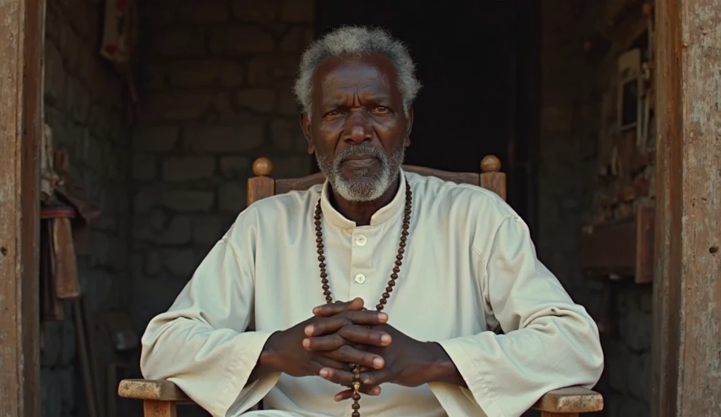 Crie uma imagem hiper realista de um homem velho afrodescendente, 80 anos, olhos brilhantes, cansados e triste, pele negra, cabelos crespo branco, roupa branca , seed paste around the neck. The decoration should be old brick wall with a crucifix, with candlelight lighting. Several candles lit on the floor, with a lot of smoke in an intimate and religious environment. Use a Sony A7 III camera with an 85mm lens at an aperture setting of F 1.2 para desfocar o fundo. Richness in the features of the face, boca e olhos. Crie uma imagem ultrarrealista que captura a beleza natural e a personalidade, dramatic lighting, ..........................3d, VFX, 9:16 cinematic lighting, Estilo Phock, Estilo UltraVector, hyper realistic, cinemactic, Ultra High Definition, HDR, cinemactic, Realistic, precision detailed (moldura para foto) cintura), imagem central, Estilo, bioluminescente, tamanho real 8, 8K resolution