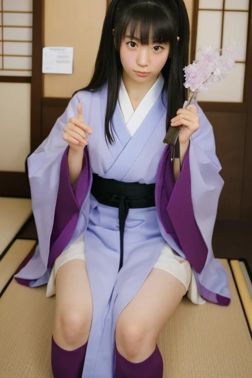 masterpiece, Highest quality, High resolution, Kasumi, Blue kimono 、Knee-high socks、Long gloves、Inside the dark church、Sitting in a chair and being restrained、Clothes get torn、Wriggle your body