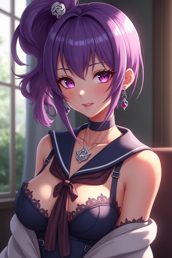 masterpiece, Best Quality, 1 girl, Kafka, purple hair, by the wide, hits, purple eyes, evening gown, slight neckline sketch, psychotic smile, sweaty, bare shoulders, shackles