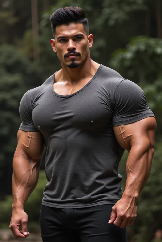 Homem latino, ele tem 30 anos. Homem tem cabelo preto liso undercut, Rosto lindo, corpo bodybuilder, corpo perfeito, Peitoral bem definido, muscular abdomen, skin oiled, Olhos detalhados, detailed hands. has a tattoo on his right arm. camisa branca, jeans. Very high quality photography, 8k, tirada de uma Canon EOS R6.
