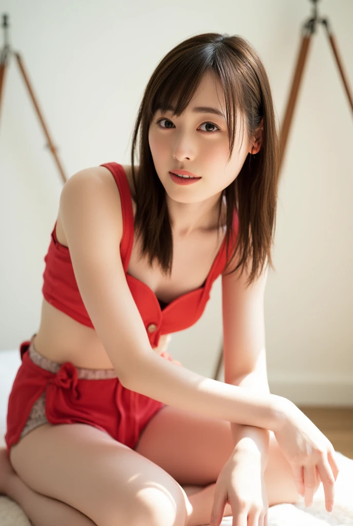 close-up of beautiful Japanese, Yanagi Yurina is a Japanese actress and model, Kana is a female character Junpei Think Again 2018 Japanese action movie, age 22 years old girl, youthful face, white skin body, perfect body, very rapunzel long hair, standard black hair, her hair is very straight and smoth, flat bangs hair, 34 inches breasts size, wearing a plain standard bright red strapless tube top, wearing a tight plain standard bright white spandex boyshort pant short leggings, sexy looking pose, pose a naughty look, pose looks seductive, at the boyfriend bedroom, boyfriend bedroom background, UHD