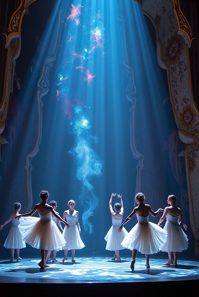dancers at a dance show with projection of trees in the background, Grégoire and Manon, anna nikonova, I dance gracefully, ( ( Emma Lindström ) ), Artem, Alexandra Fomina, Valeria Denesh, danila tkachenko, by Eva Gonzalès, Alice Mason, Dance Scene, details, promotional image
