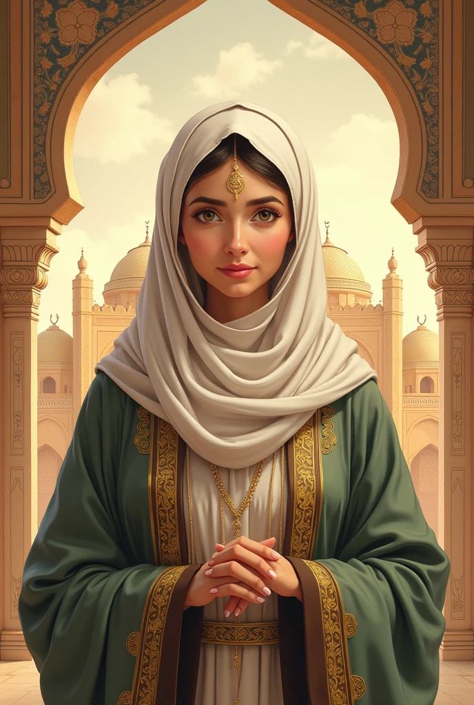 magical, Fantasy, subject, Highest quality,Hijab with beautiful details,charming face,Tzuyu loves Yua. ,Long eyelashes,Wear a colorful belly dancing outfit.,Detailed details,big ,With dissociation.,staring at the camera、Java Castle