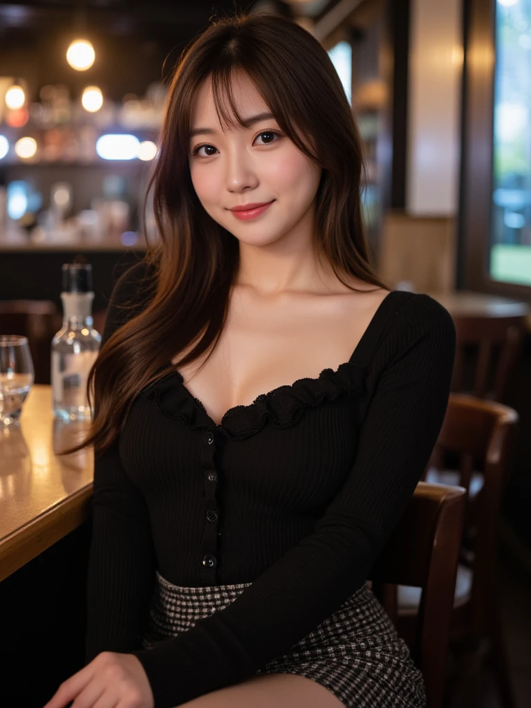 best quality, 8k, highly detailed face and skin texture, high resolution, sexy korean girl in black shirt at bar, full body, sharp focus