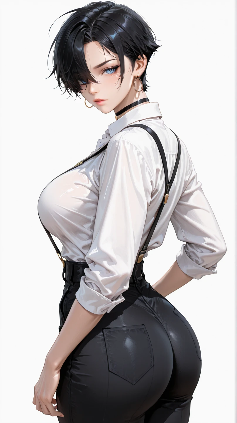 (((Perfect body,White and tender skin,(((black necktie, black pants, business suit, formal, long sleeves, necktie, pants, suit,,))),(((kobeni higashiyama, black hair, hair ornament, hairclip, ponytail, short hair, (brown eyes:1.5),))),((masterpiece)),highres,((Best quality at best)),masterpiece,quality,Best quality,((( Exquisite facial features,Looking at the audience,There is light in the eyes,(((pain,endure))),))),(((Light and shadow,Huge breasts,))),(((Looking at the camera,White background))))
