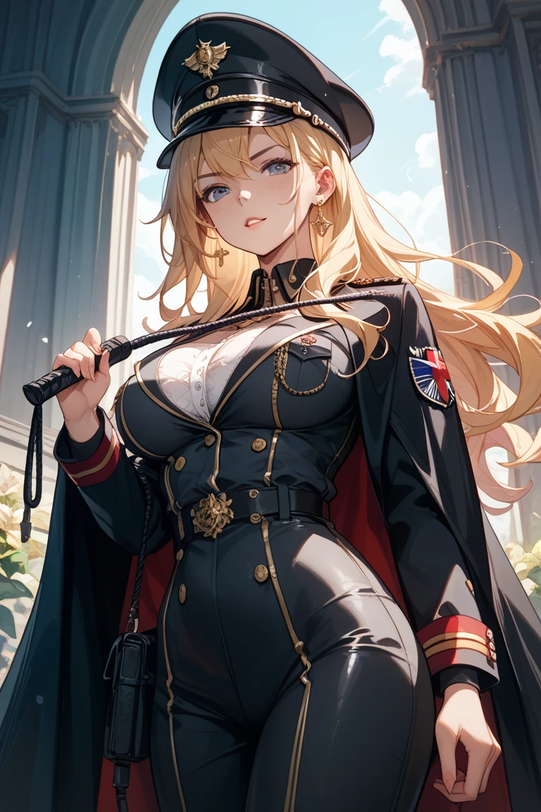 masterpiece, best quality, official art, extremely detailed CG unity 8k wallpaper, detailed background, (hand by Guido Daniele), (detail fingers), (dynamic angle), 1 mature girl, (curvy), (walking on streets:1.12), (black military uniform with logo:1.13), (black military hat:1.12), (long coat, overcoat, fur-trimmed coat:1.12), (gloves), (long blonde hair:1.13), (ahoge:1.13), (high ponytail:1.13), (hair intakes:1.13), (green eyes:1.2), (expressionless), (huge breasts), (hanging breasts, long breasts), narrow waist, outdoors, winter, (snow, snowing, snowstorm:1.13), blizzard, (berlin:1.11), (wartime city), soldiers, High alert,