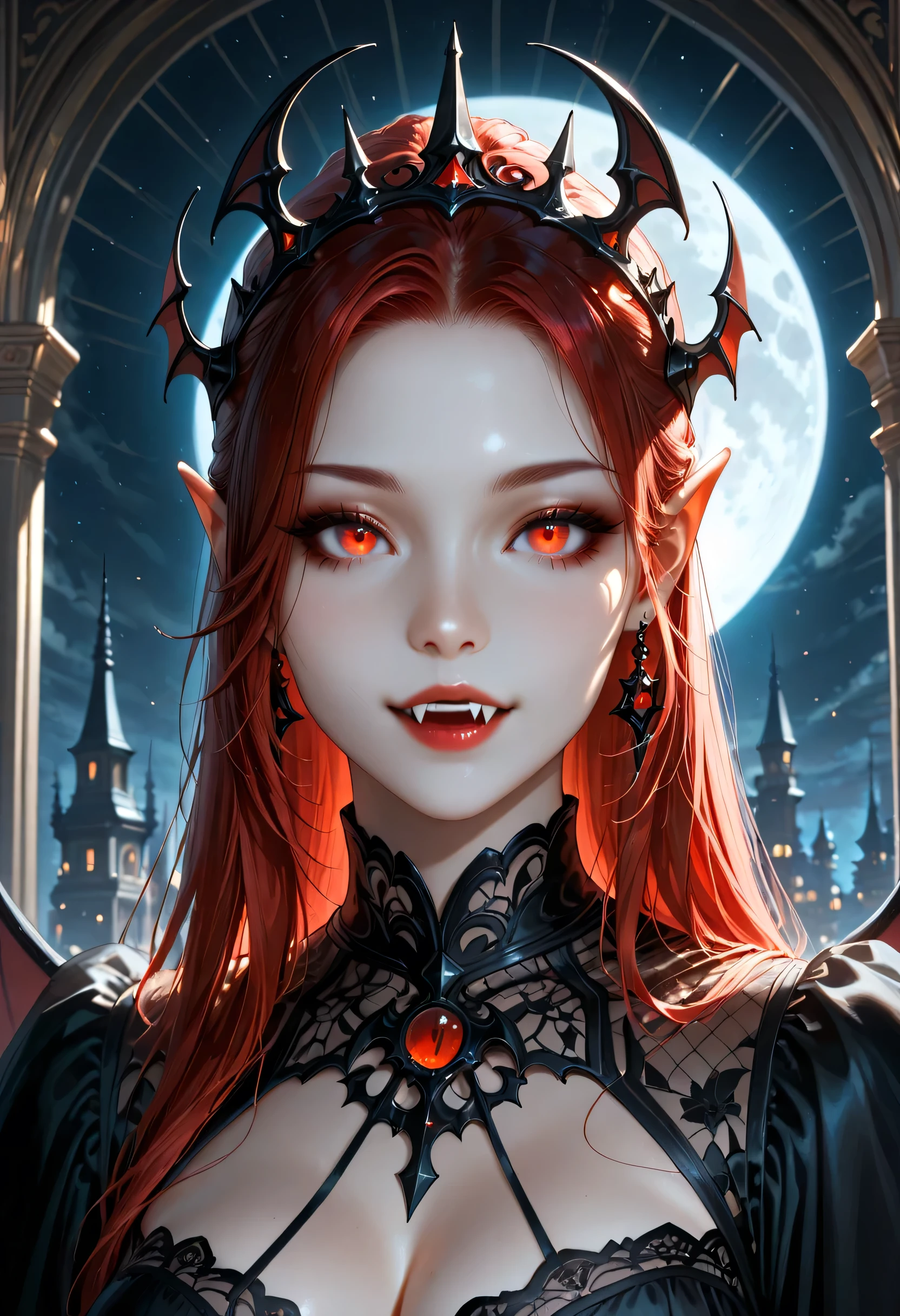 dark fantasy art, a picture of a fantasy, a beautiful female vampire, portrait, ultra feminine, best detailed body, best detailed face, best detailed face,  pale skin, red hair, glowing eyes, vampire fangs, red eyes, wearing black dress, transparent fabric dress, goth dress, small cleavage, intricate dress, wearing high heels, it is night time, the moon is in the sky, a sense of dread, soft light. moon rays. high details, best quality, 16k, [ultra detailed], masterpiece, best quality, (extremely detailed), close up, ultra wide shot, photorealistic, RAW, fantasy art, dnd art, fantasy art, realistic art,((best quality)), ((masterpiece)), (detailed), perfect face, fantasy, vampyfangs1, Colorful, art by mooncryptowow
