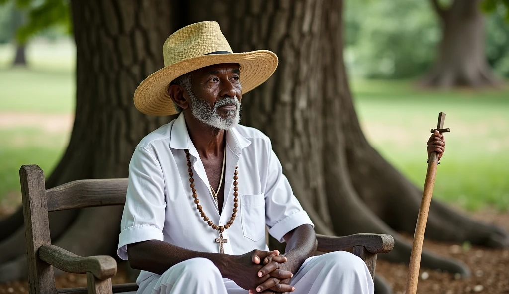 Old black man with a straw hat
White clothes
With a wooden cane
Sitting on a wooden stool