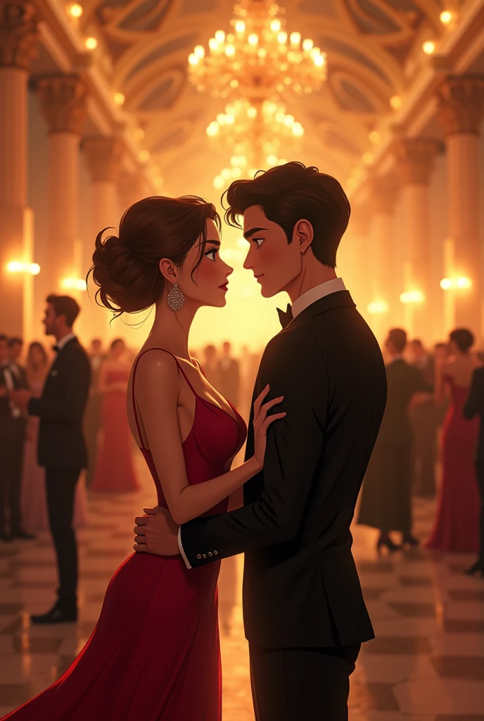 (anime-style hyperrealism:1.3), (semi-realistic anime:1.3), (hyper-detailed:1.4), (masterpiece:1.5), (best quality:1.4), (hyper-detailed anime:1.3), (anime style:1.3), (hyperrealism:1.2), (modern high-society party:1.2), (elegant ballroom:1.1), (two people conversing:1.3), (formal attire:1.1), (champagne glasses:0.9), (ambient lighting:1.0), (chandelier:0.8), (other guests in background:0.7), (woman:1.2), (5'8" tall:1.0), (long straight brown hair:1.1), (curvy body:1.1), (toned physique:1.0), (large green eyes:1.2), (elegant dress:1.0), (man:1.2), (6'5" tall:1.1), (extremely handsome:1.2), (short black hair:1.0), ( very muscular build:1.1), (strong jawline:1.2), (intense blue eyes:1.2), (tuxedo:1.0), (intimate conversation:1.1), (slight smile:1.0), (eye contact:1.2), (soft focus background:0.9), (glamorous atmosphere:1.1), (vibrant colors:1.0), (detailed shading:1.1), (fine line art:1.0)