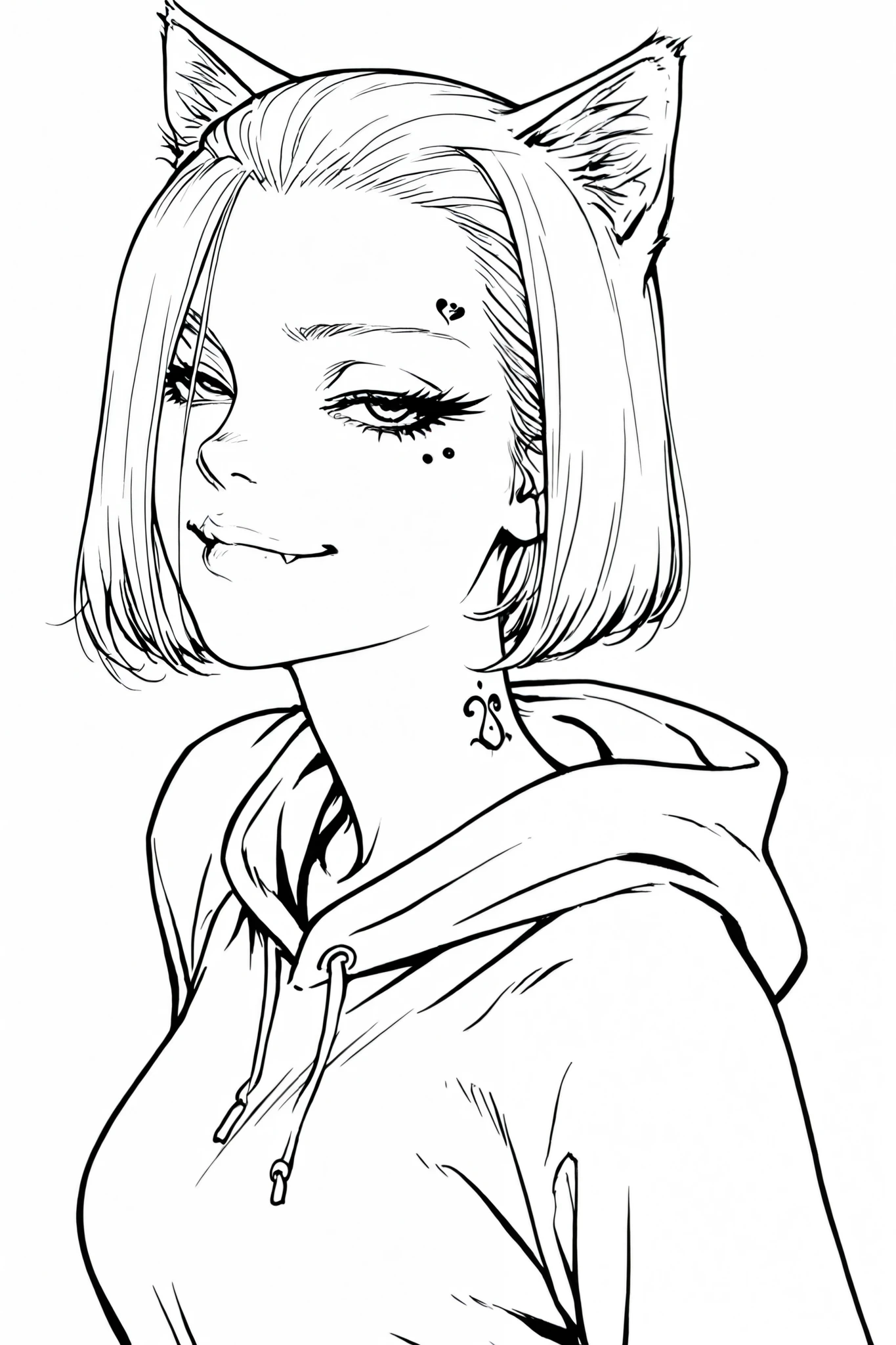 monochrome, greyscale, Line art, lineart, Timbrook, HDR, 8K, high contrast, masterpiece, best quality, amazing quality, very aesthetic, anime artstyle, realistic, newest,
BREAK
monochrome, greyscale, Line art, lineart, Timbrook, very high angle shot, looking up at viewer
BREAK
1girl, white hair, beauty mark under one eye , head tilted back , large eyelashes, medium breasts , portrait , torso shot , bob cut , hoodie, shoulder length hair , slicked back from the right side , hair over left eye . cat ears, smug smile