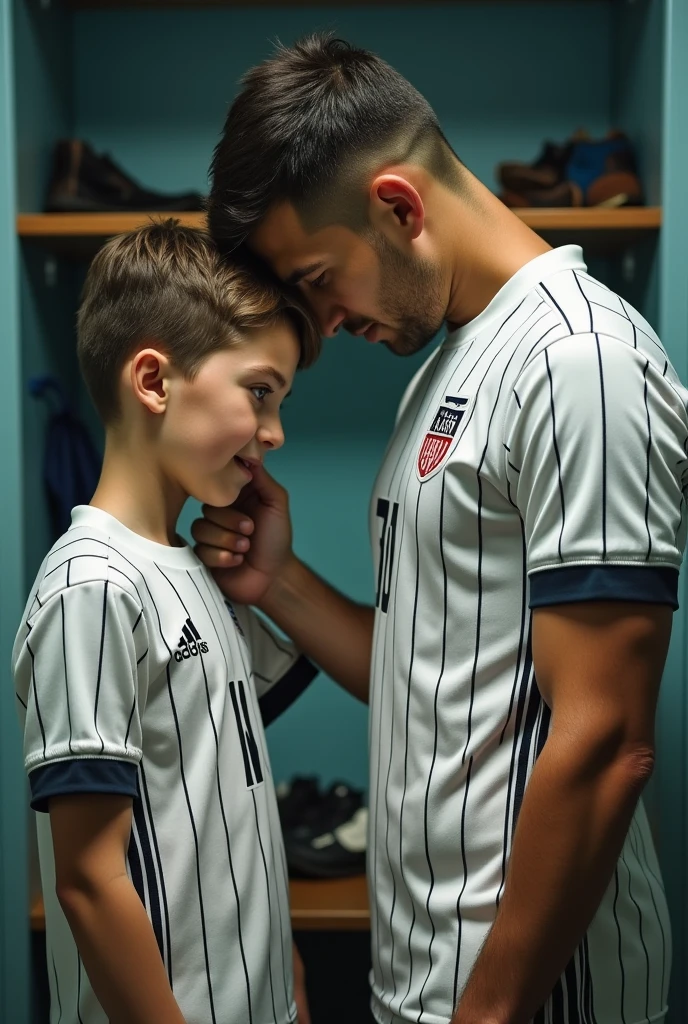  boy in football uniform in bed taking off his uniform 