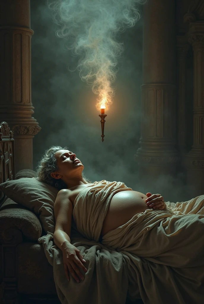 A tired-looking ancient Greek pregnant queen is lying in the dark room with her eyes closed and in her imaginary world, with a bright haze over her head and in the haze a flaming torch of ancient kind is floating in the air
