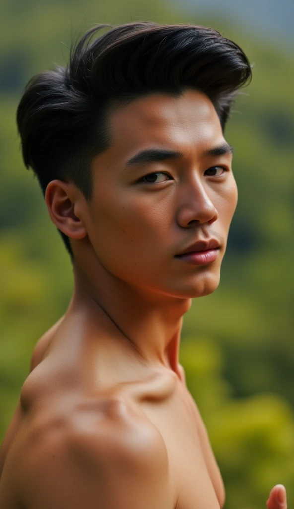 Behold a nude photo shoot featuring a photogenic and charming male supermodel, attractive 2man, mixed race Japanese 2man, detailed face and smooth skin, natural pale skin, symmetric face, slander, gray buzz cut hairstyle, aesthetic, soft moody tone, striking features, showcasing elegant nude body, young and sexy, complementing each other, (Male Focus), highly detailed, intricate details, dramatic composition, realism, high-quality rendering, RAW photo ,fashion photoshoot, 2Man, ((full body)), stunning art, high quality, film grain, photo-realistic, insanely detailed, face detail, hype maximalist, hype hyperrealism, cinematic, telephoto, lighting intricate details, highly detailed, highly detailed, concept art, smooth, sharp focus, Unreal Engine 5, 8K, UHD, 8k, high quality. neutral acne, blemishes, detailed skin, English garden full of flower booming, flower fields, morning light with faint mist shrouded behind background, in the center of the screen, most handsome man in the world, Capture full-body short, dynamic angle, using a Canon EOS R7 and Sigma AF 85mm F1.4 EX DG HSM lens by Thomas Synnamon, Employ a shallow depth of field to focus closely on his face and body while softly blurring the background, Draw inspiration from high-fashion photographer, emphasize detail, texture and a sophisticated luxurious atmosphere, Emphasize the golden warm lighting and its effect on enhancing his features and the robe's rich textures, creating a visually captivating and elegant portrait that exudes warmth and sophistication, ((Pay attention to the layer and arrangement of body parts and surrounding objects)), ((Pay attention to the body composition)), ((Correct body structure)), romantic atmosphere, (lively extremely Gorgeous background)