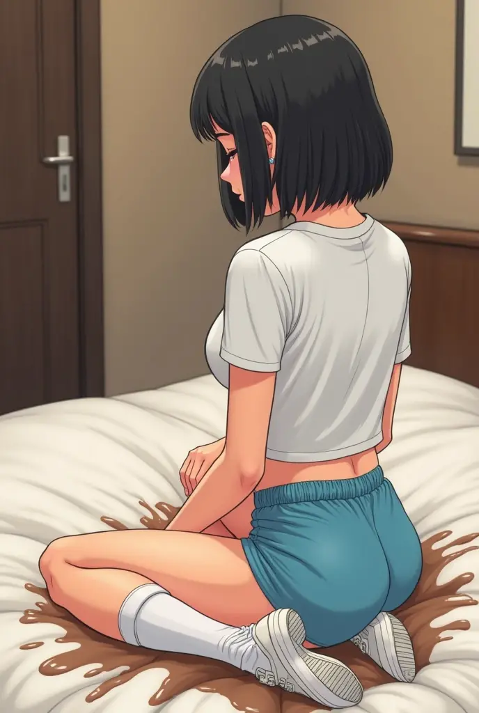 best quality, high quality, outside, black eyes, dark eyeshadow, curled hair, black hair, freckles, eyelashes, young:1.4, short, mouth open, shy, female, standing, short hair, Flat torso, skinny body, naked body, pussy, bed room, night, front view, on the bed, squatting, cum on body, screams with pleasure, pissing on bed, cum in pussy,