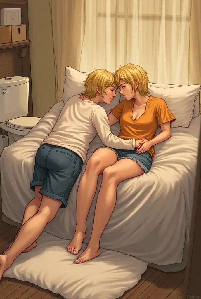anime scene of a couple of people in bed with a mirror, colored manga panel, coloured manga scan, color manga panel, close angle, close shot, in the bedroom at a sleepover, rule 34, very close shot, closeup shot, colored manga, full color manga visual style, yaoi, close scene, colored sketch anime manga panel