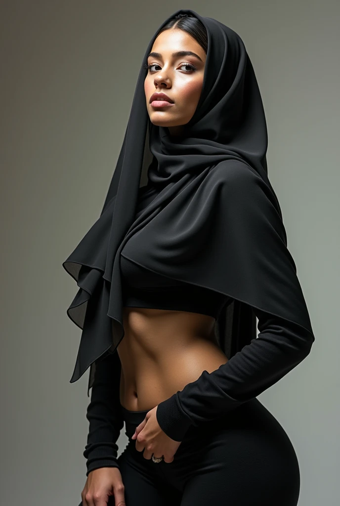 (photorealism:1.2), beautiful sexy arabic woman in hijab bllowing a kiss, in yoga pants, cameltoe, realistic, nude breast.