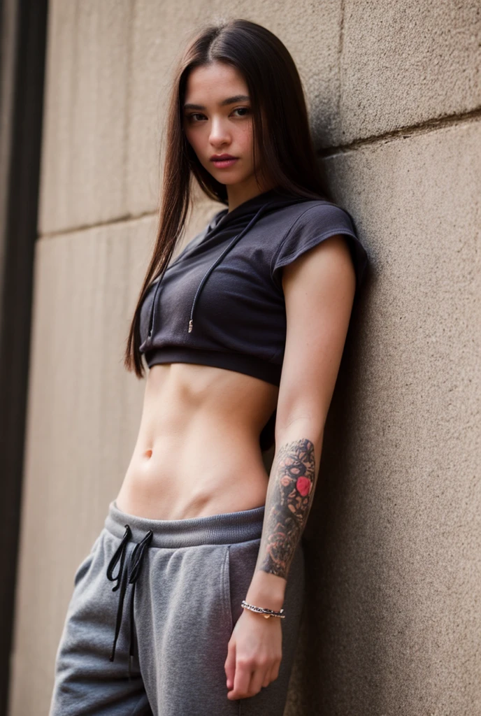 masterpiece, best quality, 8k,highestres, absurdres, extremely detailed, female trafalgar law, 1girl, 1sword, solo, looking at viewer, short hair, medium breasts, hat, navel, cleavage, collarbone, earrings, midriff, pants, coat, fur trim, denim, jeans, shoulder tattoo, hand tattoo, finger tattoo, black fur-trimmed coat, coat on shoulders, yellow tank top,///,