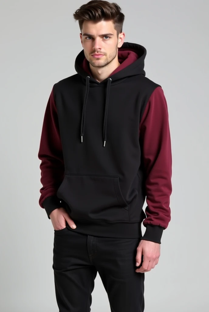 Here's your English prompt:  

*"A stylish long hoodie in a black and burgundy color combination, designed for a trendy and youthful look. Paired with slim-fit black jeans, the outfit is well-balanced and fully visible, creating a modern and fashionable streetwear style."*  

Let me know if you need any changes!