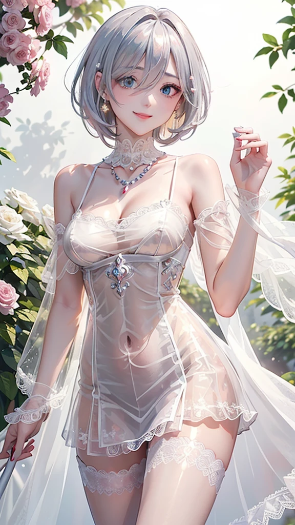 beautiful detailed girl, clear and beautiful, wedding dress, short hair, silver hair