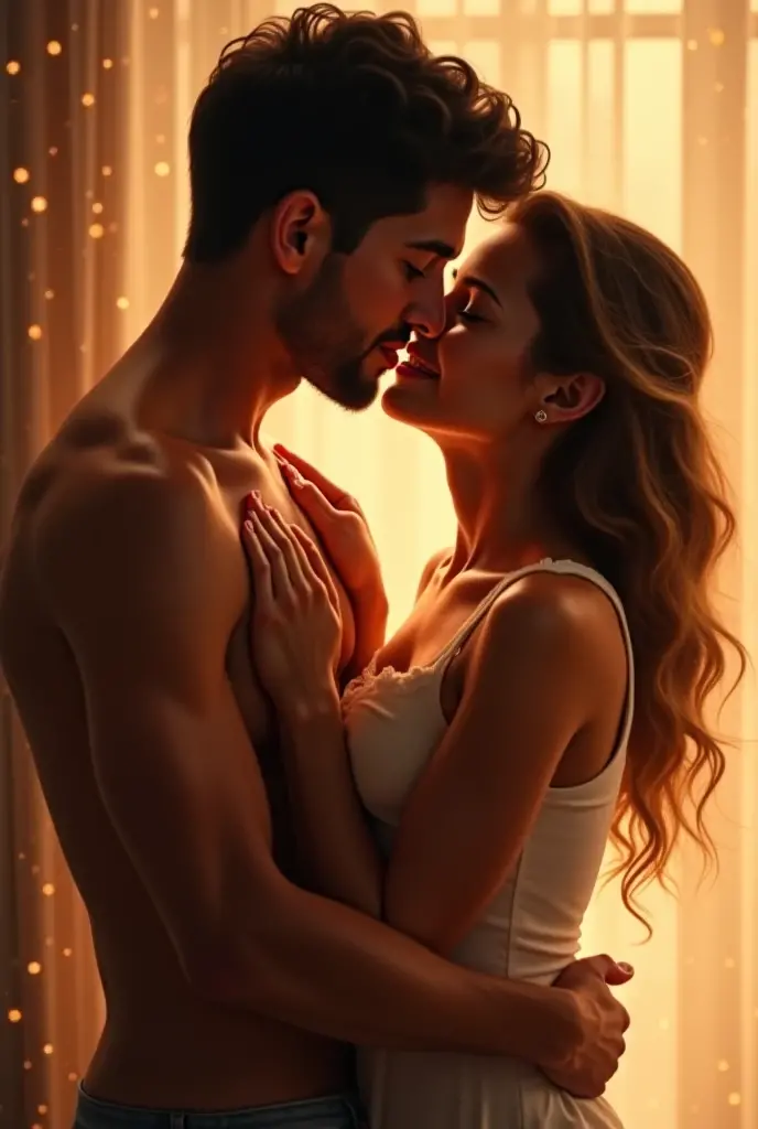 Create a sensual image of two  close embrace, with a soft, warm light highlighting their bodies. The scene is intimate, with subtle details like gentle touches and longing gazes, set in a private, romantic setting. The mood is passionate and loving, focusing on their connection.
