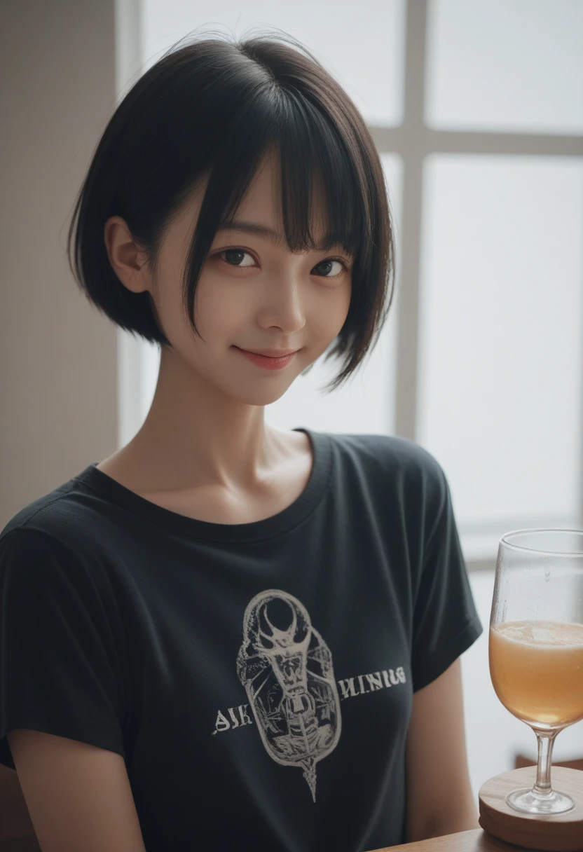 Japanese 20-year-old women　Beer illustration on T-shirt
