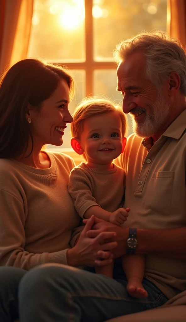 Grandparents holding a 7 month old baby. Grandpa is tall, he has very bald thin blond hair and is wearing light framed glasses. He is smiling slightly. He is wearing a light brown jumper with a white t-shirt underneath and he is wearing black jeans. Grandma old and she is much smaller than Grandpa. She is holding the baby on her arm. She has short dark blond hair. She is wearing light framed glasses. She is wearing a dark green sports jacket and dark blue jeans. She has a very happy and expressive smile. The baby is 7 months old. He is wearing a black hat and a long baby onesie with a fox design on the chest. The baby has dark blond hair and dark blue eyes and a beautiful smile. Character should be colorful and have a fun, friendly look, with exaggerated, expressive features. Pixar style