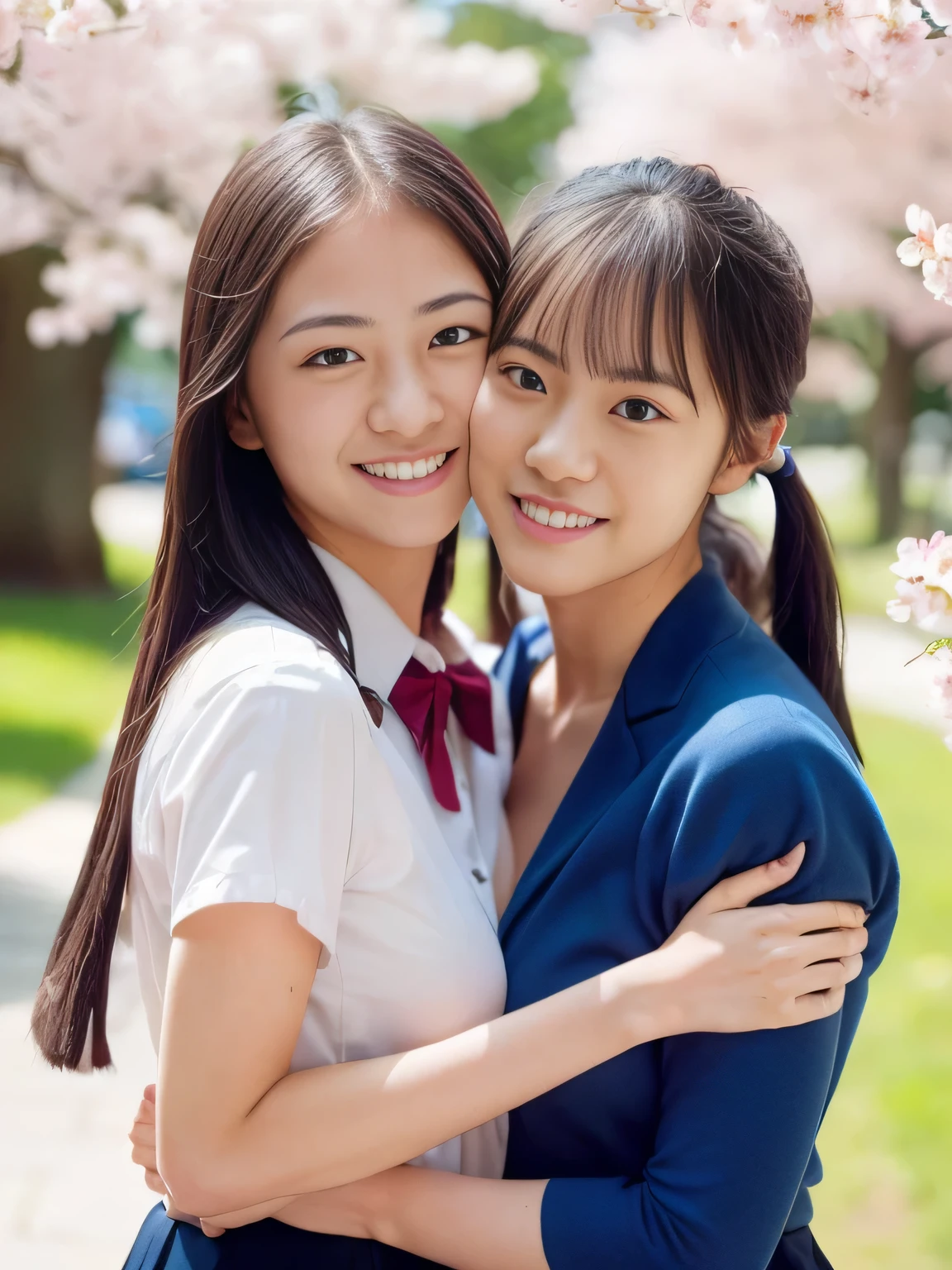(School yard 1 .0)))(((scenery with cherry blossoms in the background 1.0)))(((cherry blossoms in full bloom 1.0)))(((Cherry Blossom Fubuki 1.0)))、(((Portrait of a lesbian couple )))、(((best image quality、highest resolution、greatest masterpiece、8k)))、(((detailed face)))(((cute face)))(((Baby Face)))(((Young contour)))((( Lovely facial features)))、((( Blizzard 10 )))(((model figure)))((( Perfect pose line)))、(((Big Breasts 3.0)))(((Big cleavage 3.5)))(((captivating collarbone 1.0)))(((nsfw)))、(((long straight hair)))(((5 long twin tails.0)))、(((Schoolgirl uniform 1.0)))、(((School-designated student blazer 1.0、collared blouse shirt、pleated skirt 1.0)))(((dynamic posing)))(((random posing)))(((dynamic back hug shot 5.0)))、(((2.0)))(((seductive back hug shot 2.0)))、(((Smiling with corners of mouth turned up)))、(((lesbian couple shot)))(((lesbian couples in love who seductively hug each other 5.0)))