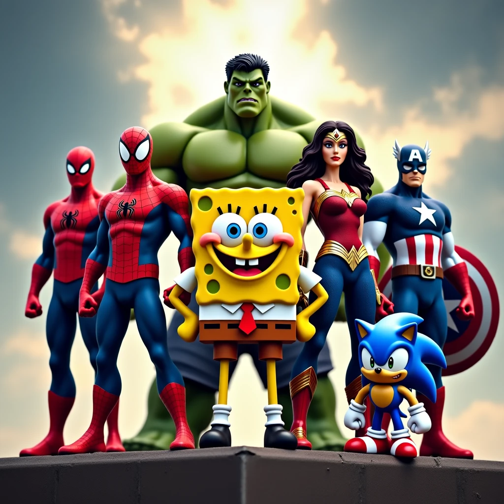 Create a propaganda poster for the film "Avengers: Endgame". Put all the characters from the film on the cover and highlight SpongeBob SquarePants as the main protagonist, wearing Spider-Man's outfit. Include the film logo and change the name to: "Avengers: Sponge Endgame", style SpongeBob SquarePants in CGI Anime