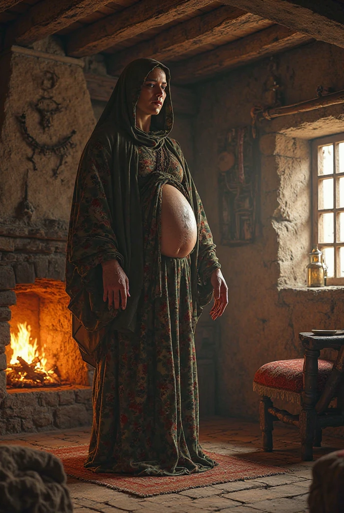 1 woman, pregnant, wearing medieval rustic clothing, leaning on table, holding stomach, expression of pain, water broken