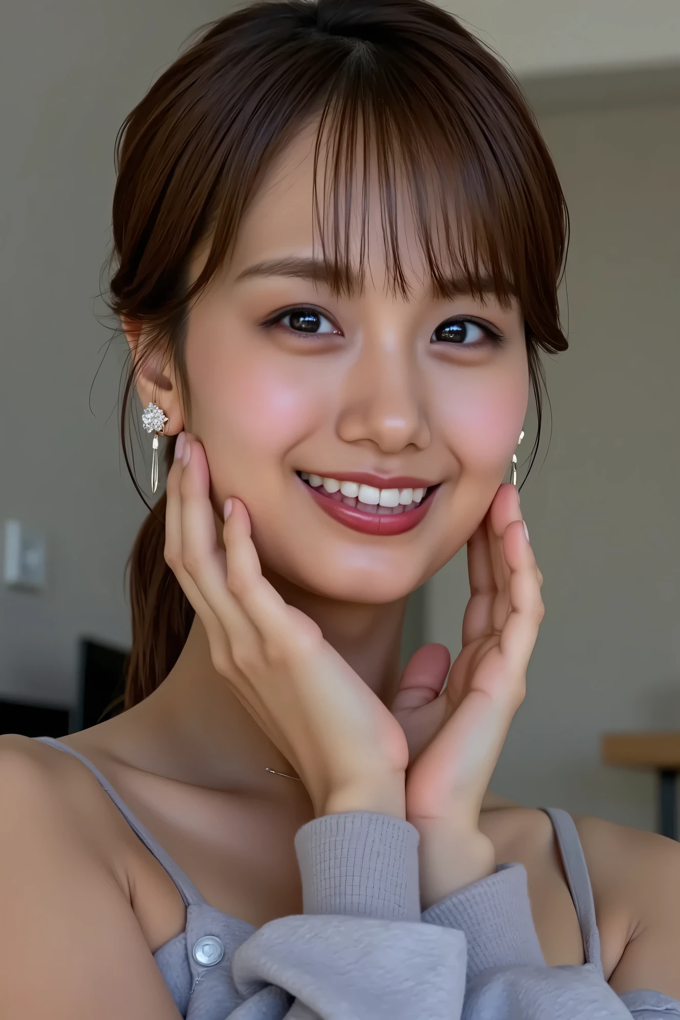((( high definition , top quality, very detailed, masterpiece , high-definition detailed photos , realistic , Real people々 , Super precise skin ))) , , ( from before ) , Full Body , Pre-shot , viewer , ( giggle face , open mouth wide . stick out the tongue ) , { wear a sports bra and denim shorts : 1.8 } , black hair , medium hair , medium breasts , { opposite, from the side : 1.8 } , dark time at dawn , (( keep your hair behind your ears : 1.8)) , { nsfw },