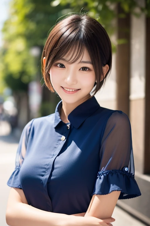 (Highest quality,masterpiece:1.3,Ultra-high resolution),(Very detailed,Caustics,8k),(Realistic:1.4,RAW shooting),1 girl,(Look at the camera with a smile),20-year-old,cute,Japanese,Short black hair,Long sleeve blouse,big ,Bust up shot,street,Face Focus,Natural light,Backlight,(A bright light shines from above),(Lens flare),Professional Writing,(Low position),(Low Angle)