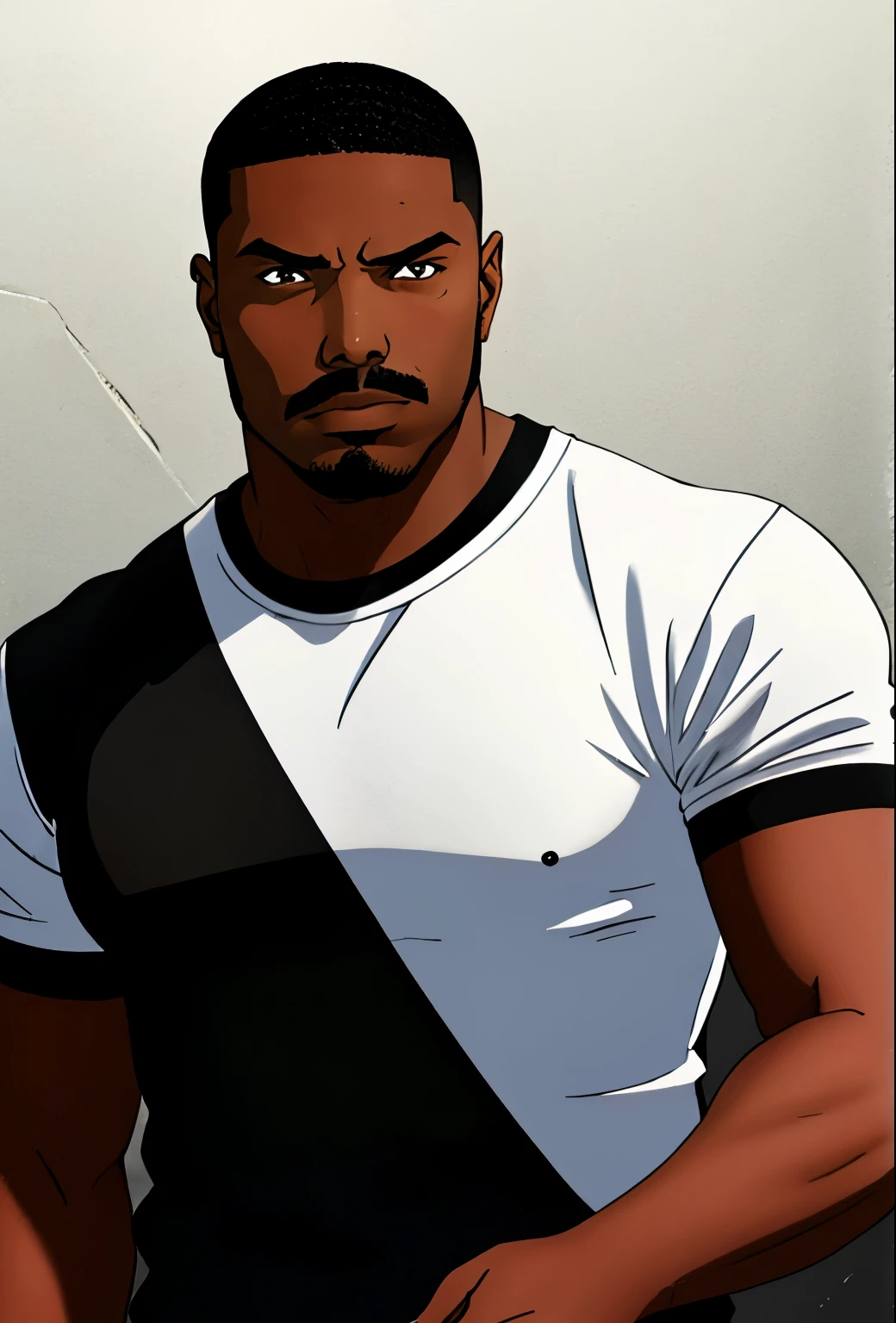 Masterpiece, Best Quality, Ultra-Detailed, 1man in, mustache, solo, black skin, tanned skin, brown skin, latino, black hair, (Mid Fade Buzz Cut:1.0), brown pupils, taned skin, heavy set, strong, thick body, detailed skin, angry face, (wearing black t-shirt, 1.1), white background, 4k textures, soft light, elegant, highly detailed, sharp focus, soothing tones, insane details, intricate details, hyperdetailed, low contrast, exposure blend, hdr, faded
