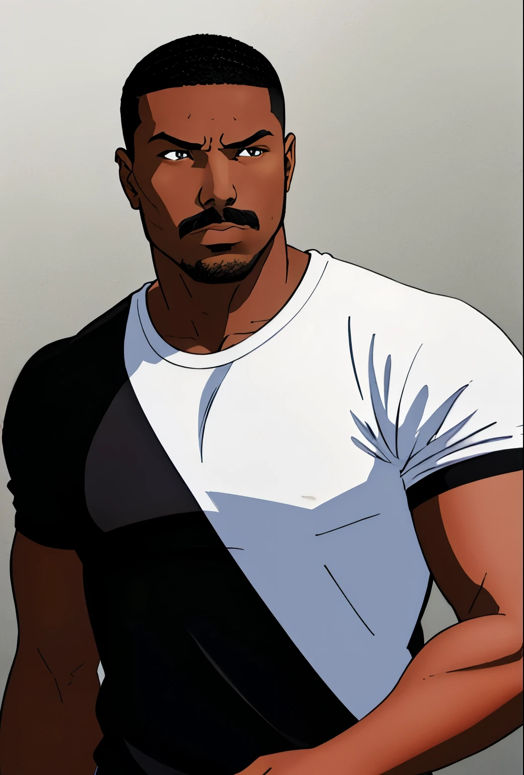 Masterpiece, Best Quality, Ultra-Detailed, 1man in, mustache, solo, black skin, tanned skin, brown skin, latino, black hair, (Mid Fade Buzz Cut:1.0), brown pupils, taned skin, heavy set, strong, thick body, detailed skin, angry face, (wearing black t-shirt, 1.1), white background, 4k textures, soft light, elegant, highly detailed, sharp focus, soothing tones, insane details, intricate details, hyperdetailed, low contrast, exposure blend, hdr, faded